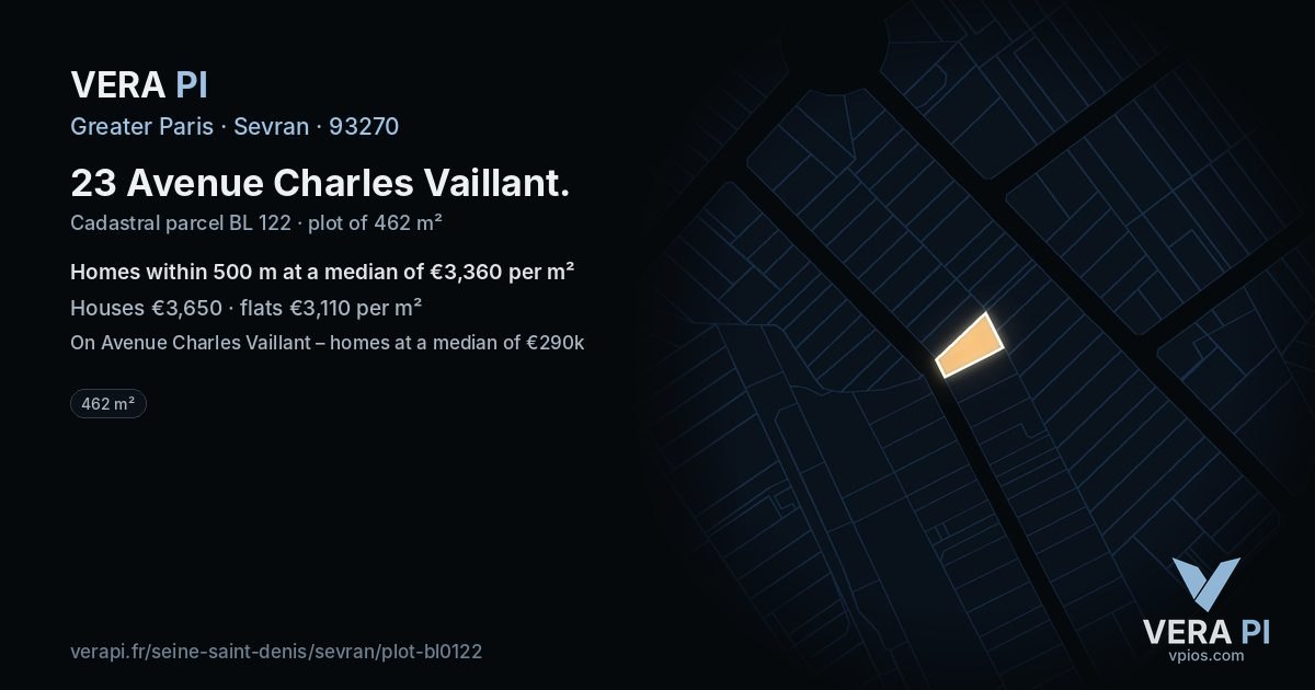 23 Avenue Charles Vaillant, Sevran at night – the plot lit, the parcels around coloured by the prices near them