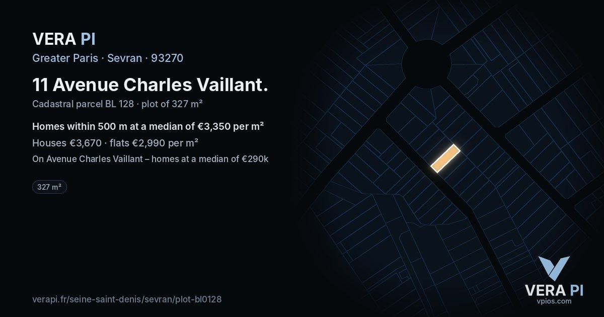 11 Avenue Charles Vaillant, Sevran at night – the plot lit, the parcels around coloured by the prices near them