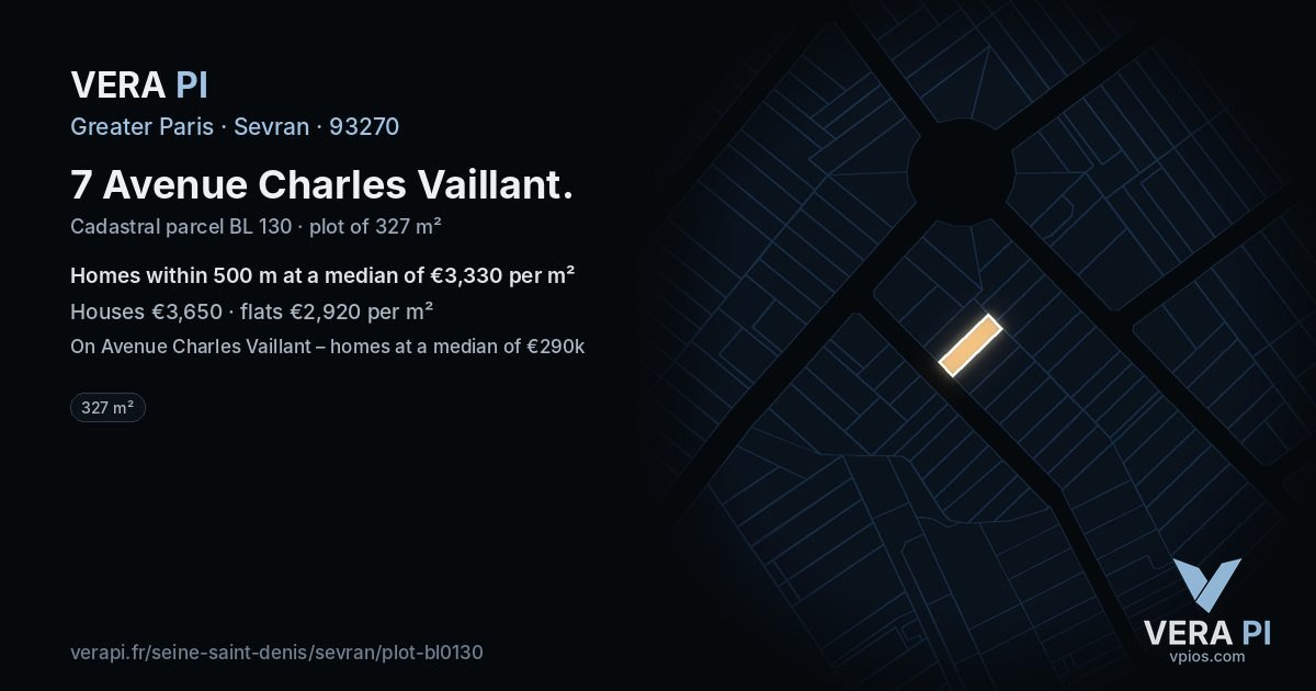 7 Avenue Charles Vaillant, Sevran at night – the plot lit, the parcels around coloured by the prices near them