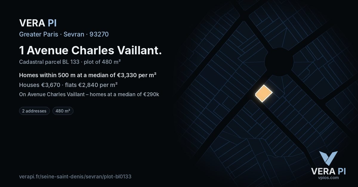 1 Avenue Charles Vaillant, Sevran at night – the plot lit, the parcels around coloured by the prices near them