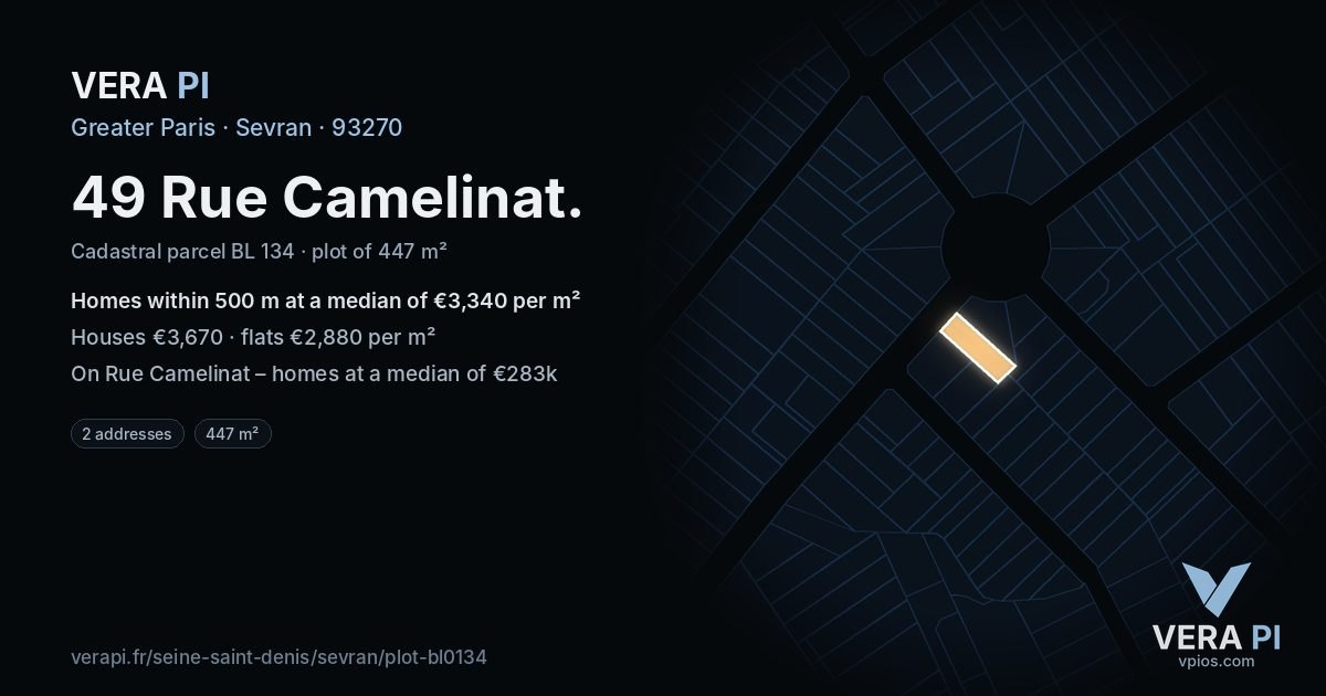 49 Rue Camelinat, Sevran at night – the plot lit, the parcels around coloured by the prices near them