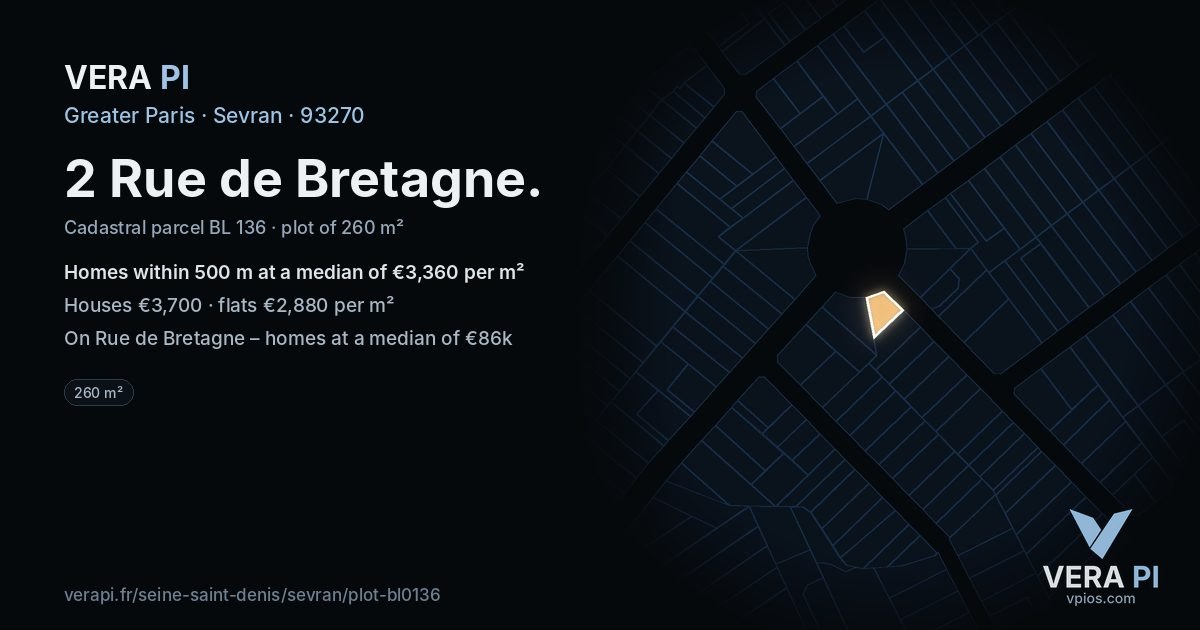 2 Rue de Bretagne, Sevran at night – the plot lit, the parcels around coloured by the prices near them