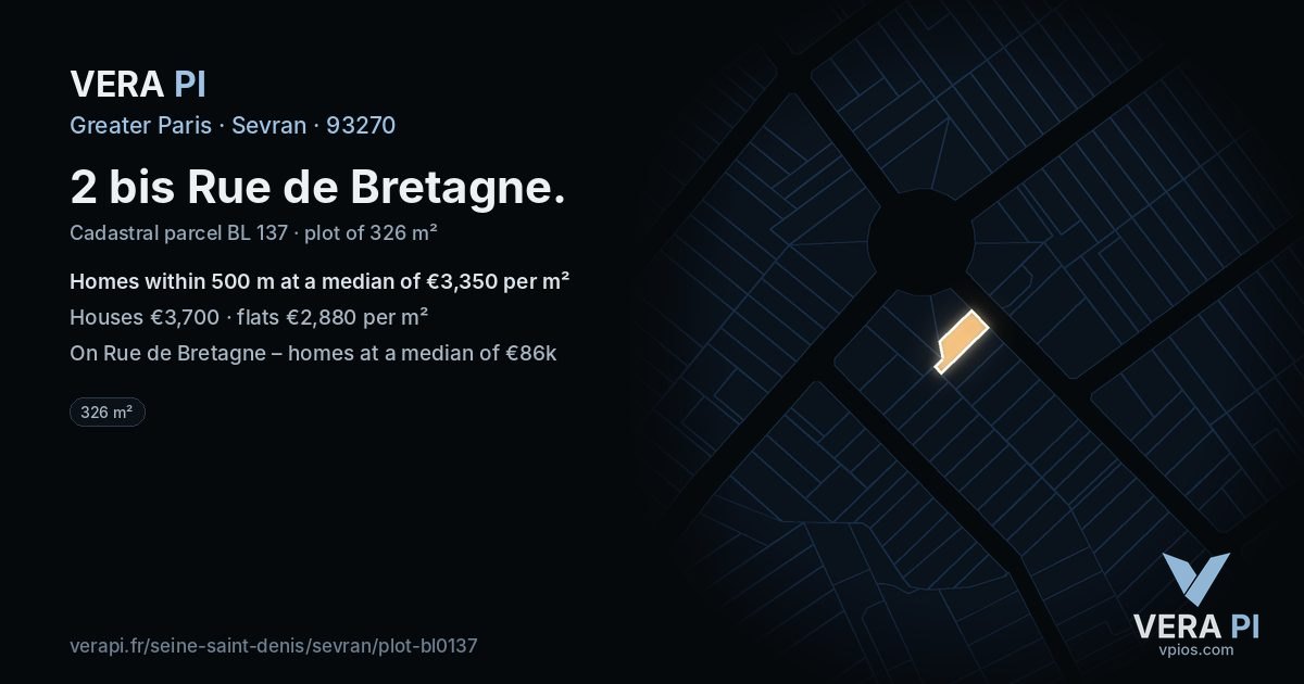 2 bis Rue de Bretagne, Sevran at night – the plot lit, the parcels around coloured by the prices near them