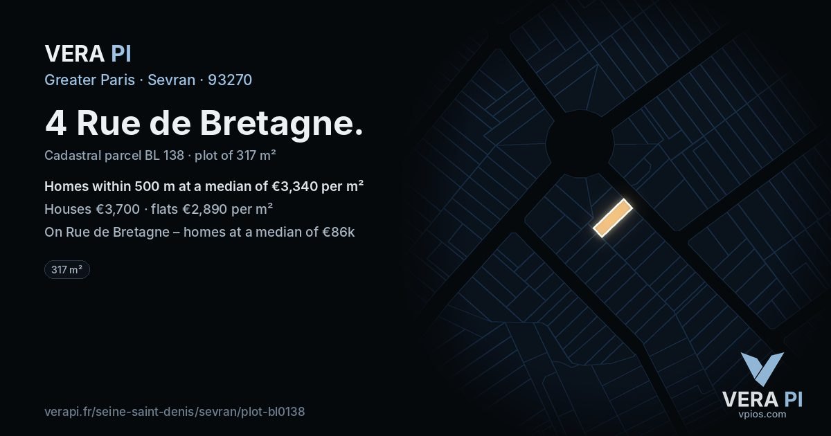 4 Rue de Bretagne, Sevran at night – the plot lit, the parcels around coloured by the prices near them