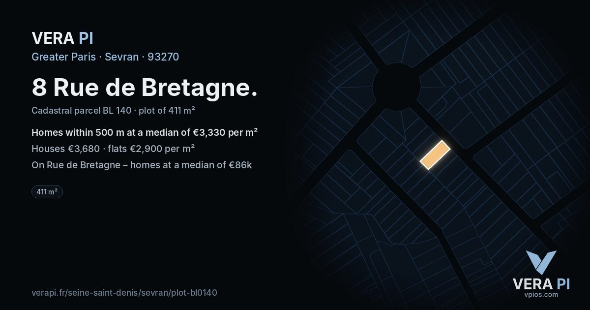 8 Rue de Bretagne, Sevran at night – the plot lit, the parcels around coloured by the prices near them