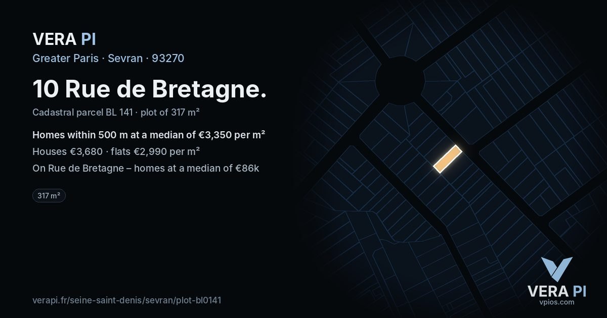 10 Rue de Bretagne, Sevran at night – the plot lit, the parcels around coloured by the prices near them