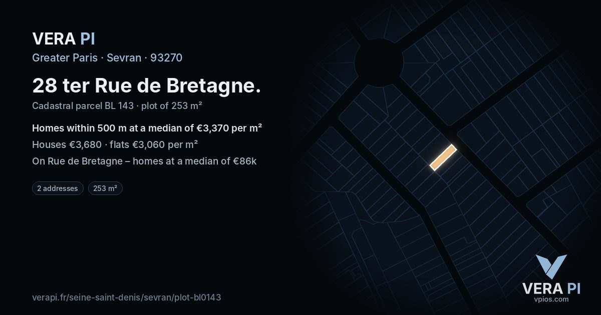 28 ter Rue de Bretagne, Sevran at night – the plot lit, the parcels around coloured by the prices near them