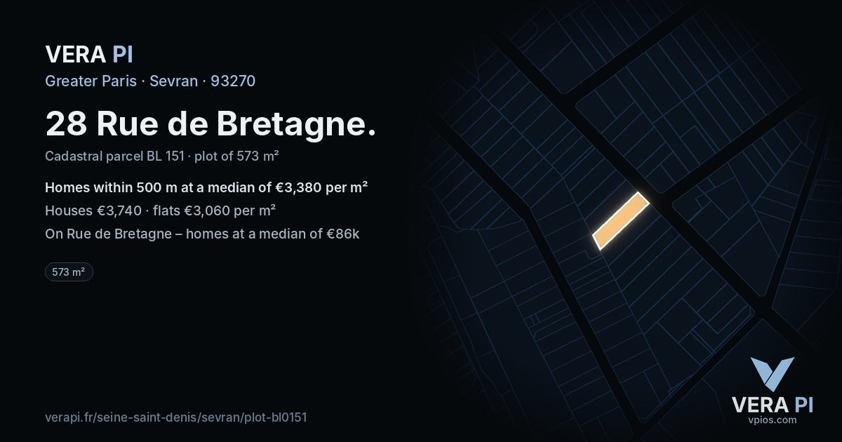 28 Rue de Bretagne, Sevran at night – the plot lit, the parcels around coloured by the prices near them