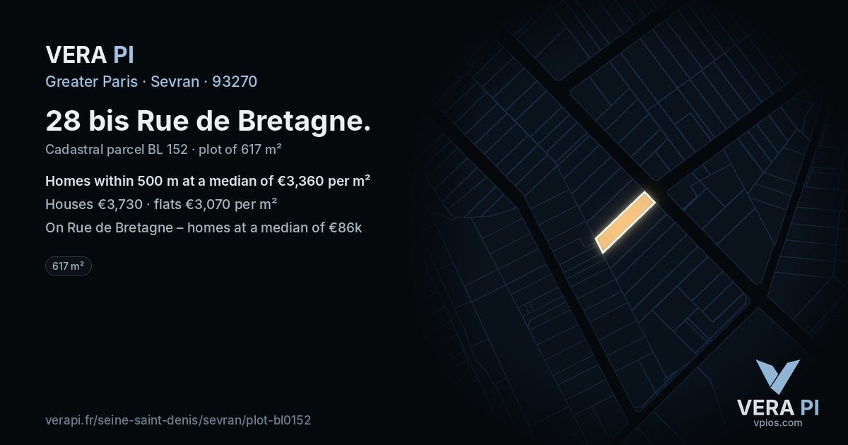 28 bis Rue de Bretagne, Sevran at night – the plot lit, the parcels around coloured by the prices near them