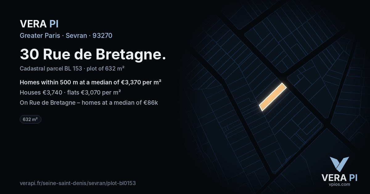 30 Rue de Bretagne, Sevran at night – the plot lit, the parcels around coloured by the prices near them
