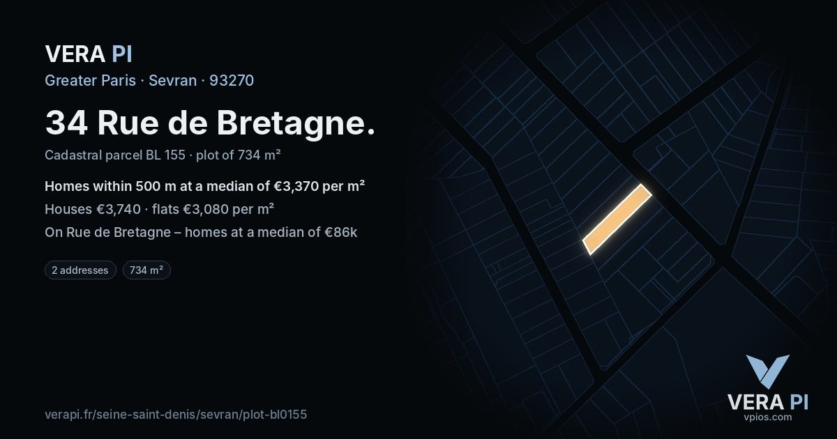 34 Rue de Bretagne, Sevran at night – the plot lit, the parcels around coloured by the prices near them
