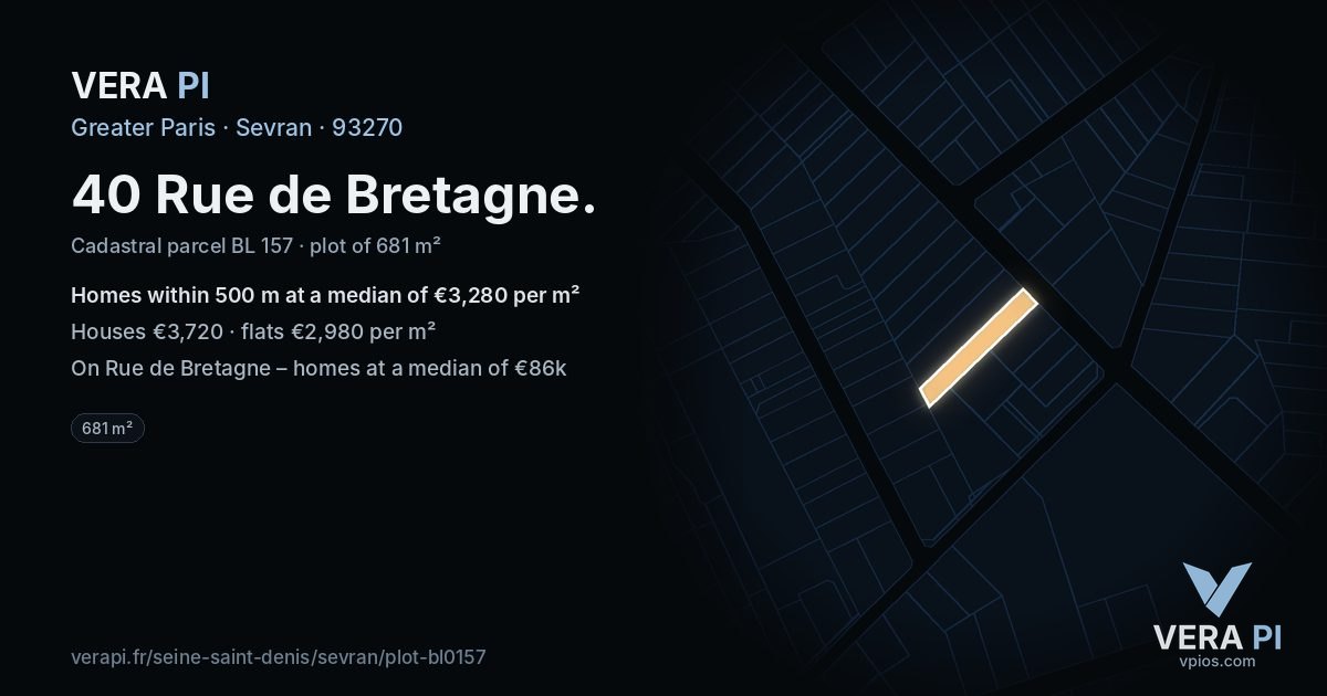 40 Rue de Bretagne, Sevran at night – the plot lit, the parcels around coloured by the prices near them