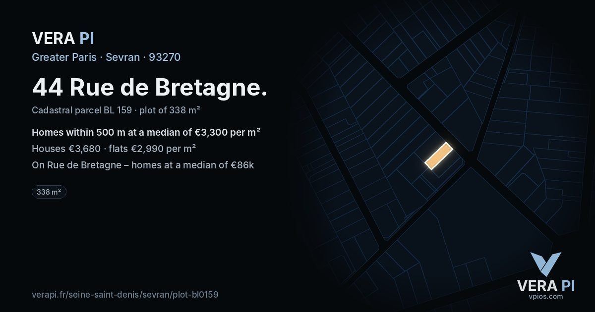 44 Rue de Bretagne, Sevran at night – the plot lit, the parcels around coloured by the prices near them