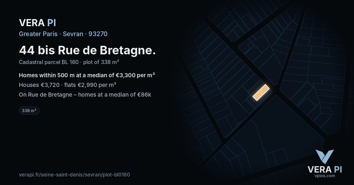 44 bis Rue de Bretagne, Sevran at night – the plot lit, the parcels around coloured by the prices near them