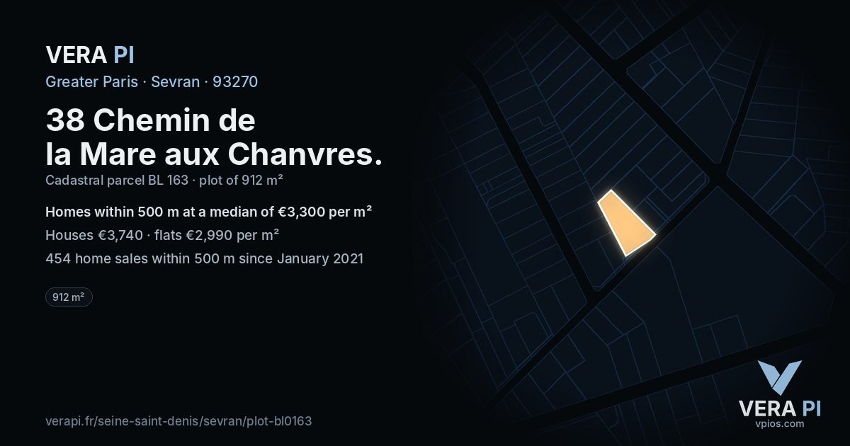 38 Chemin de la Mare aux Chanvres, Sevran at night – the plot lit, the parcels around coloured by the prices near them