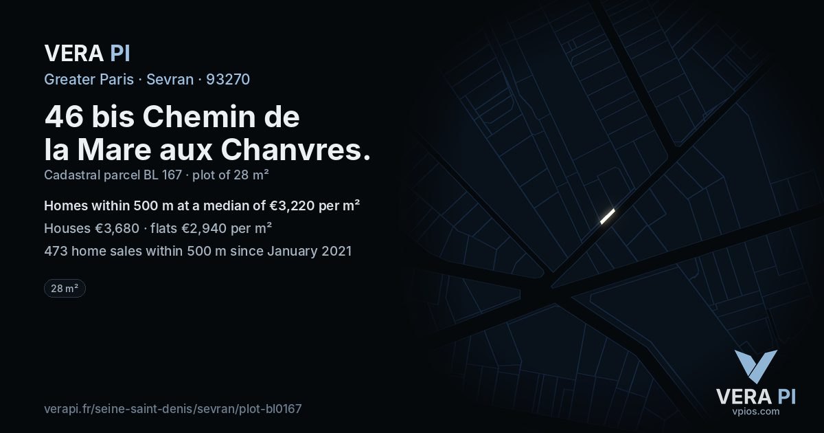 46 bis Chemin de la Mare aux Chanvres, Sevran at night – the plot lit, the parcels around coloured by the prices near them