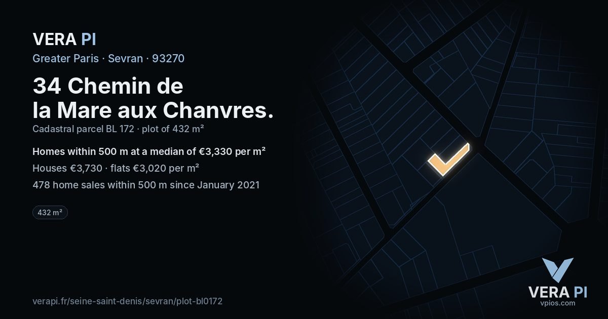 34 Chemin de la Mare aux Chanvres, Sevran at night – the plot lit, the parcels around coloured by the prices near them