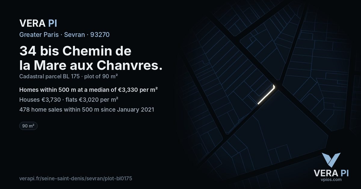34 bis Chemin de la Mare aux Chanvres, Sevran at night – the plot lit, the parcels around coloured by the prices near them