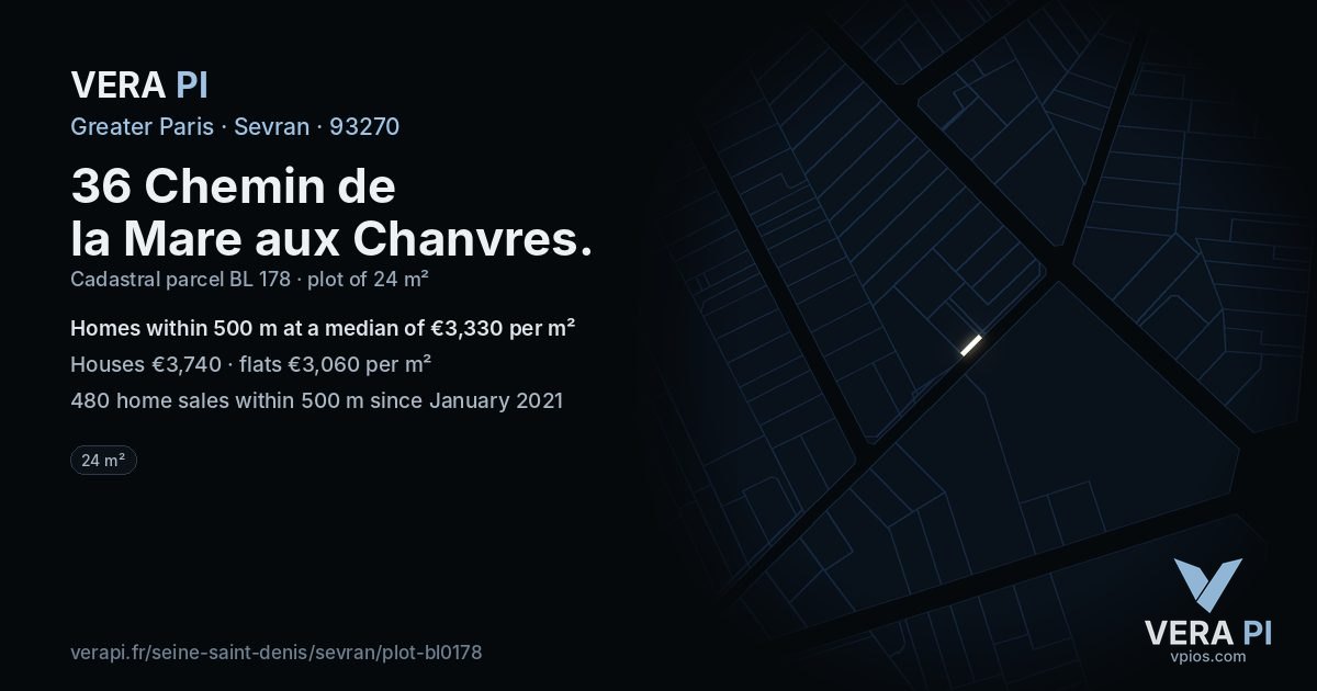 36 Chemin de la Mare aux Chanvres, Sevran at night – the plot lit, the parcels around coloured by the prices near them
