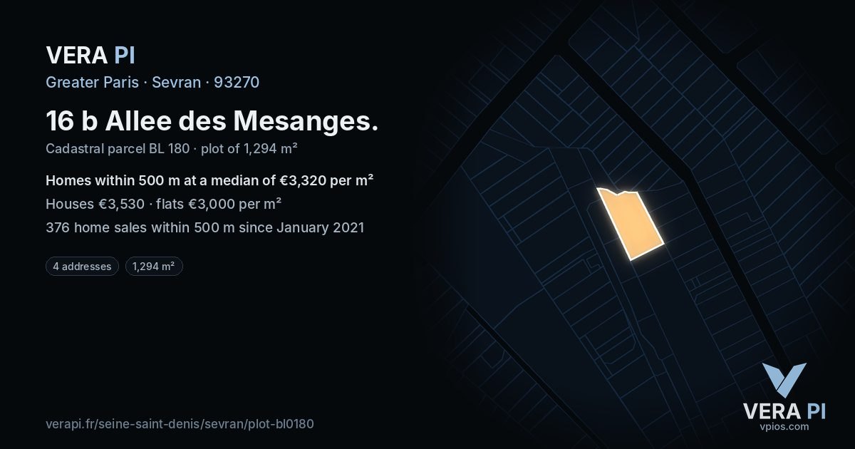 16 b Allee des Mesanges, Sevran at night – the plot lit, the parcels around coloured by the prices near them