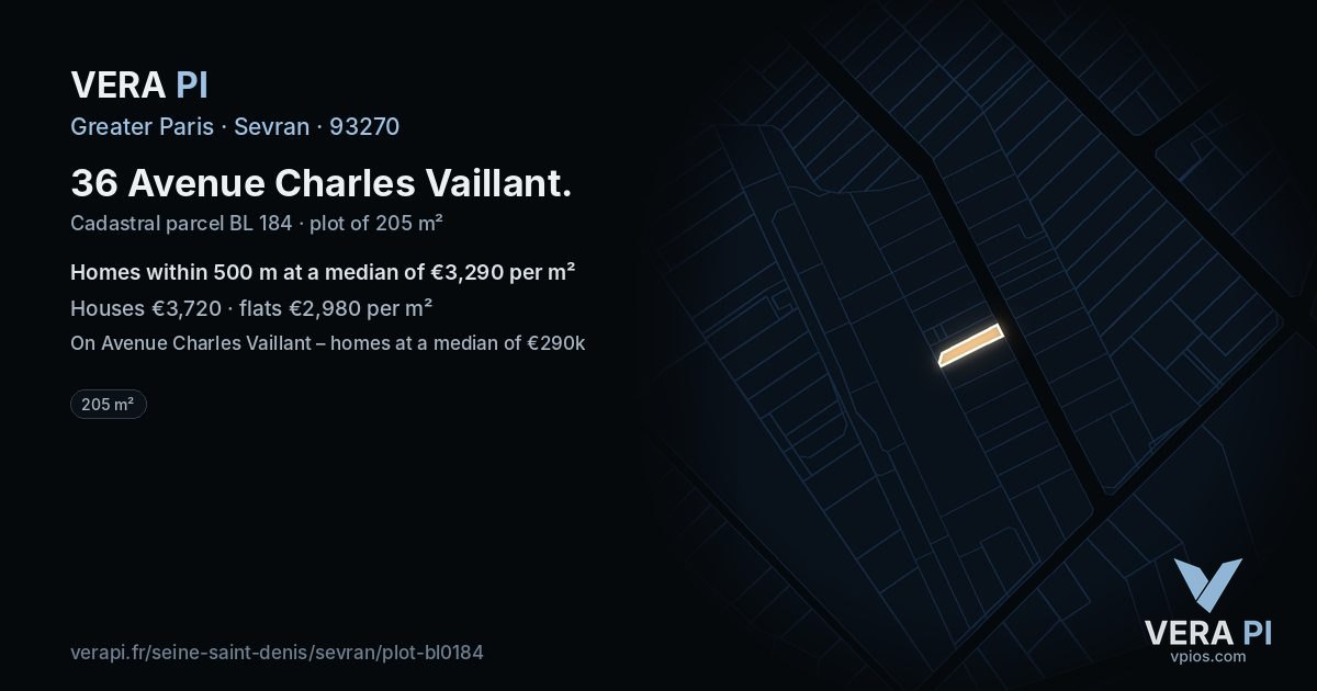 36 Avenue Charles Vaillant, Sevran at night – the plot lit, the parcels around coloured by the prices near them