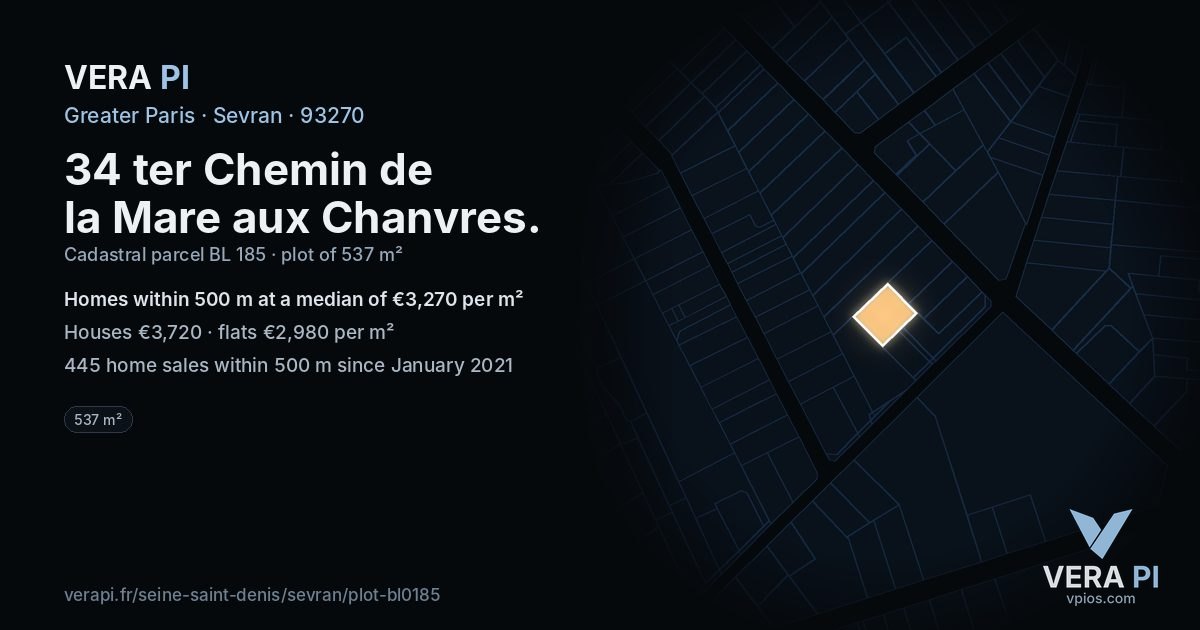 34 ter Chemin de la Mare aux Chanvres, Sevran at night – the plot lit, the parcels around coloured by the prices near them