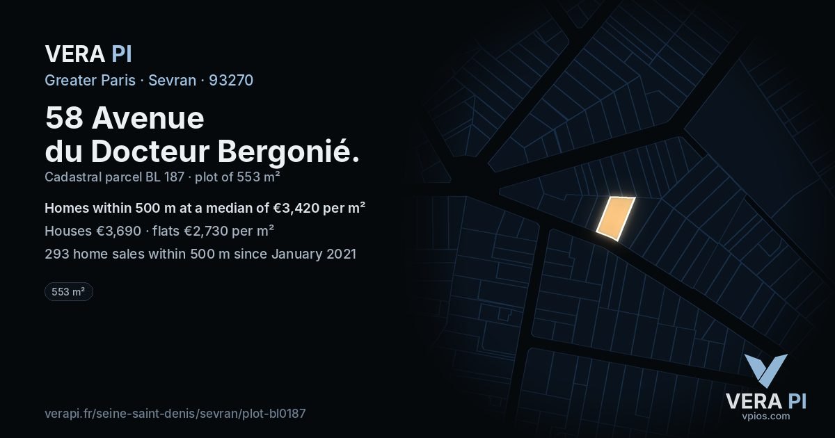58 Avenue du Docteur Bergonié, Sevran at night – the plot lit, the parcels around coloured by the prices near them