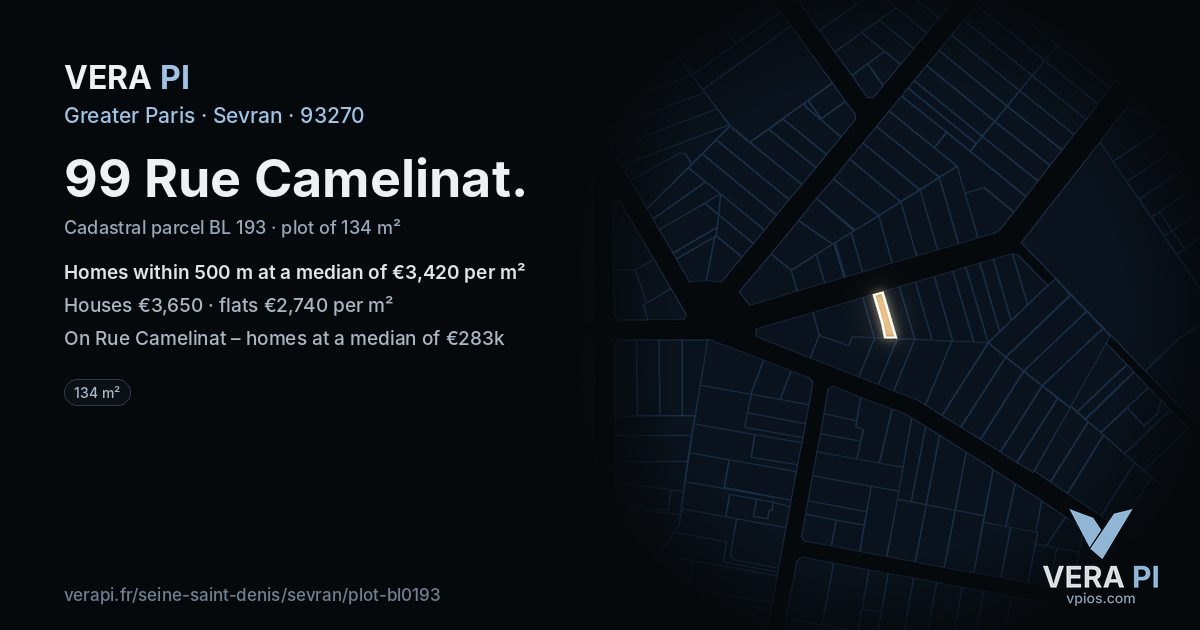 99 Rue Camelinat, Sevran at night – the plot lit, the parcels around coloured by the prices near them