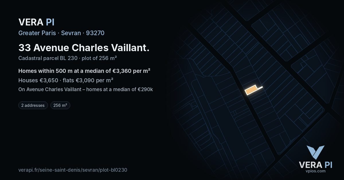 33 Avenue Charles Vaillant, Sevran at night – the plot lit, the parcels around coloured by the prices near them