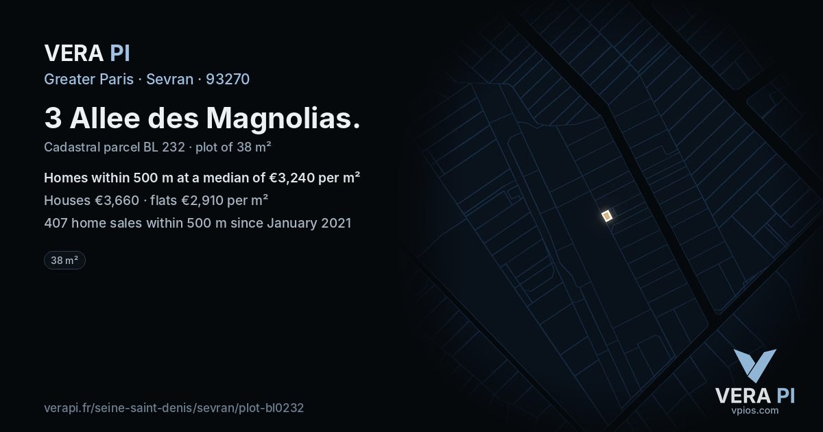 3 Allee des Magnolias, Sevran at night – the plot lit, the parcels around coloured by the prices near them