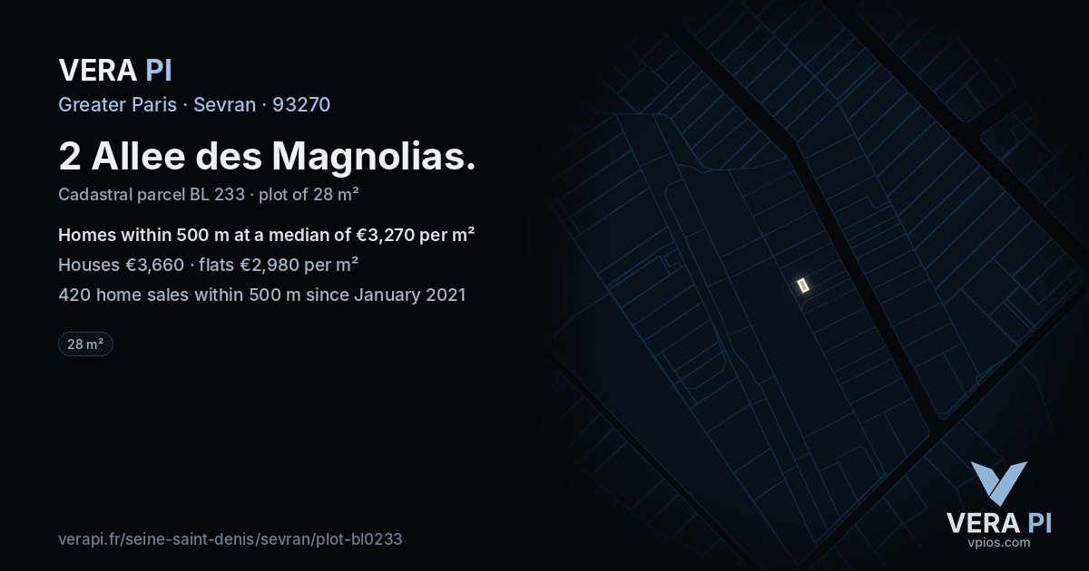 2 Allee des Magnolias, Sevran at night – the plot lit, the parcels around coloured by the prices near them