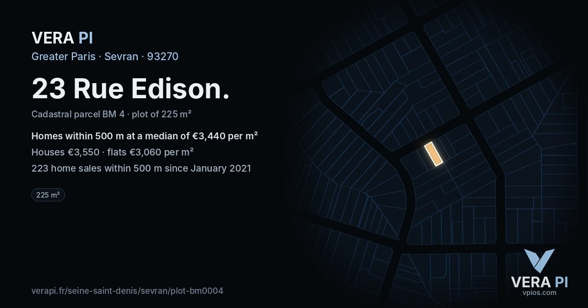 23 Rue Edison, Sevran at night – the plot lit, the parcels around coloured by the prices near them