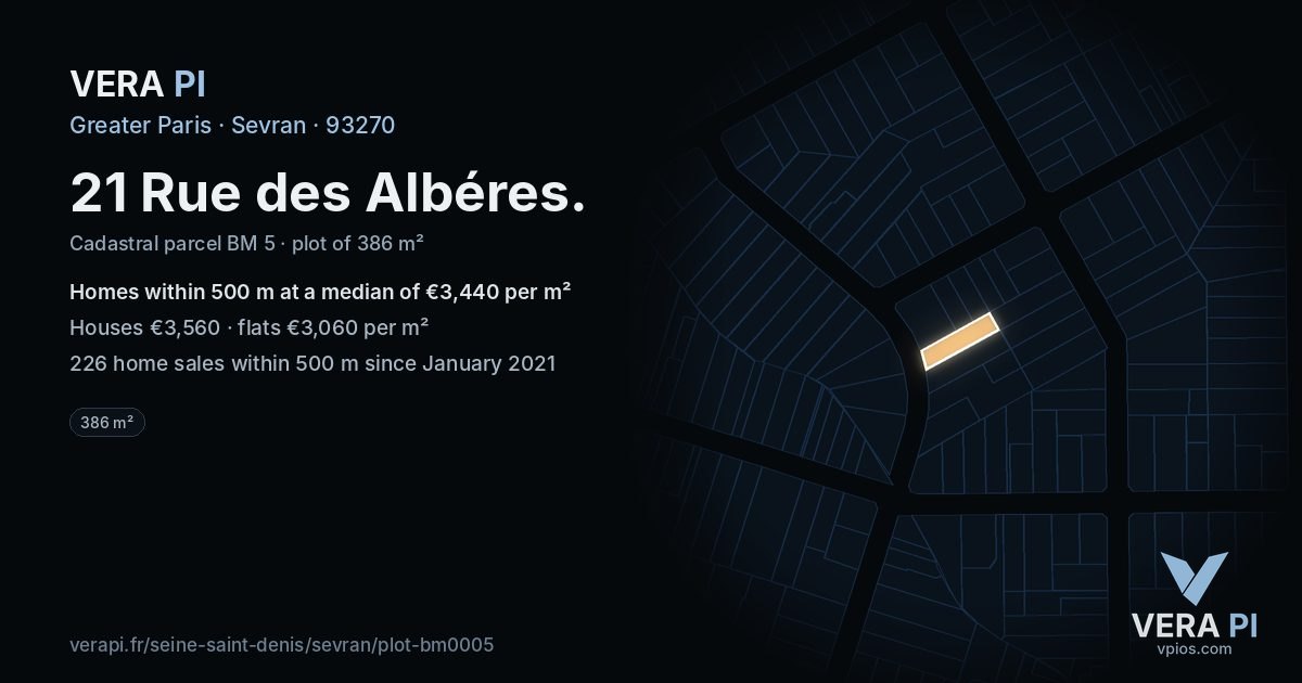 21 Rue des Albéres, Sevran at night – the plot lit, the parcels around coloured by the prices near them
