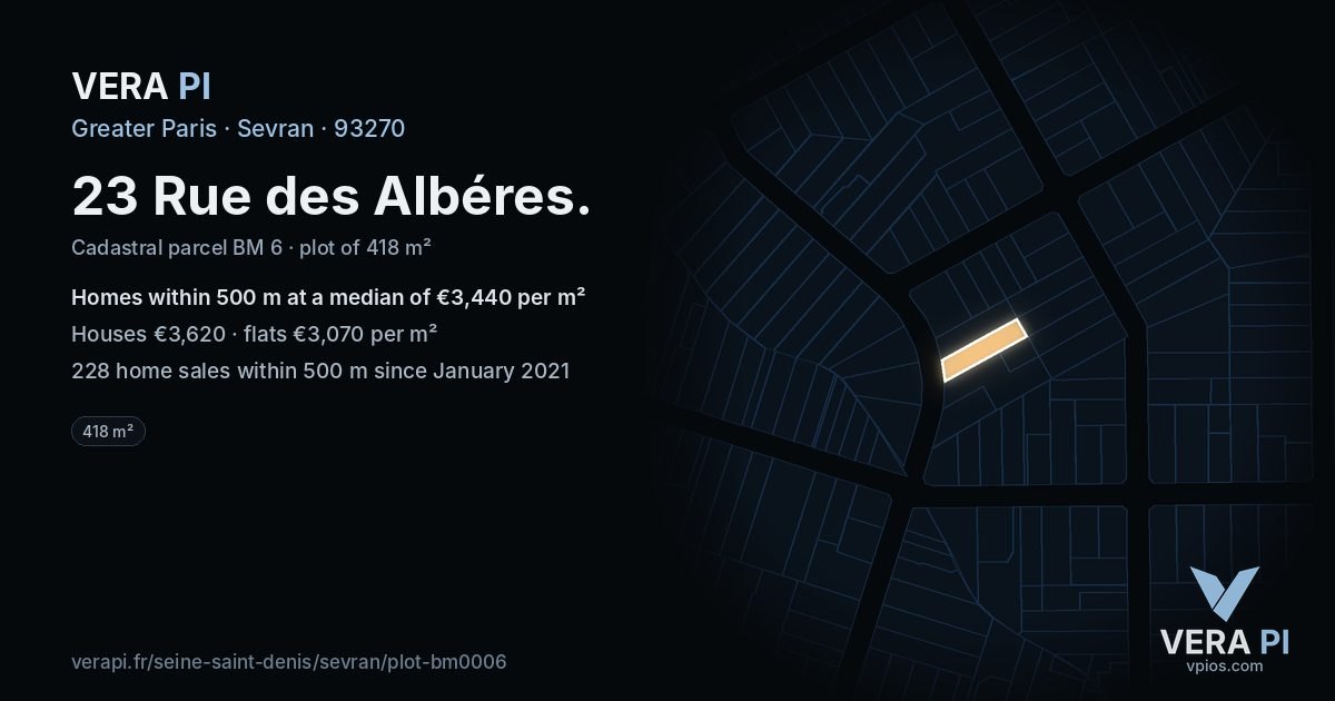 23 Rue des Albéres, Sevran at night – the plot lit, the parcels around coloured by the prices near them