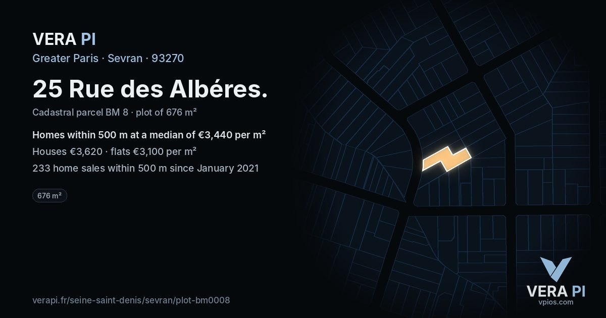 25 Rue des Albéres, Sevran at night – the plot lit, the parcels around coloured by the prices near them
