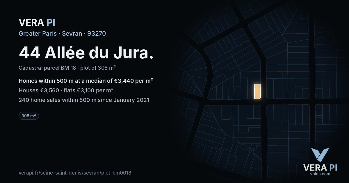 44 Allée du Jura, Sevran at night – the plot lit, the parcels around coloured by the prices near them
