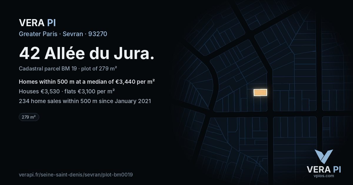 42 Allée du Jura, Sevran at night – the plot lit, the parcels around coloured by the prices near them