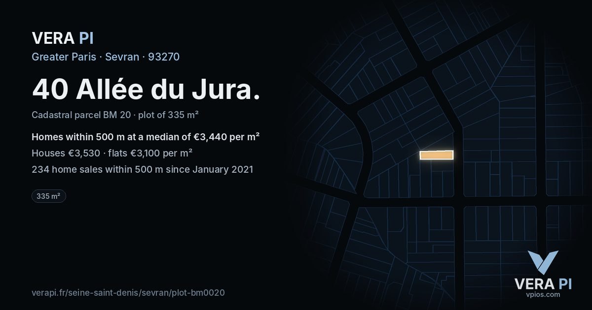 40 Allée du Jura, Sevran at night – the plot lit, the parcels around coloured by the prices near them