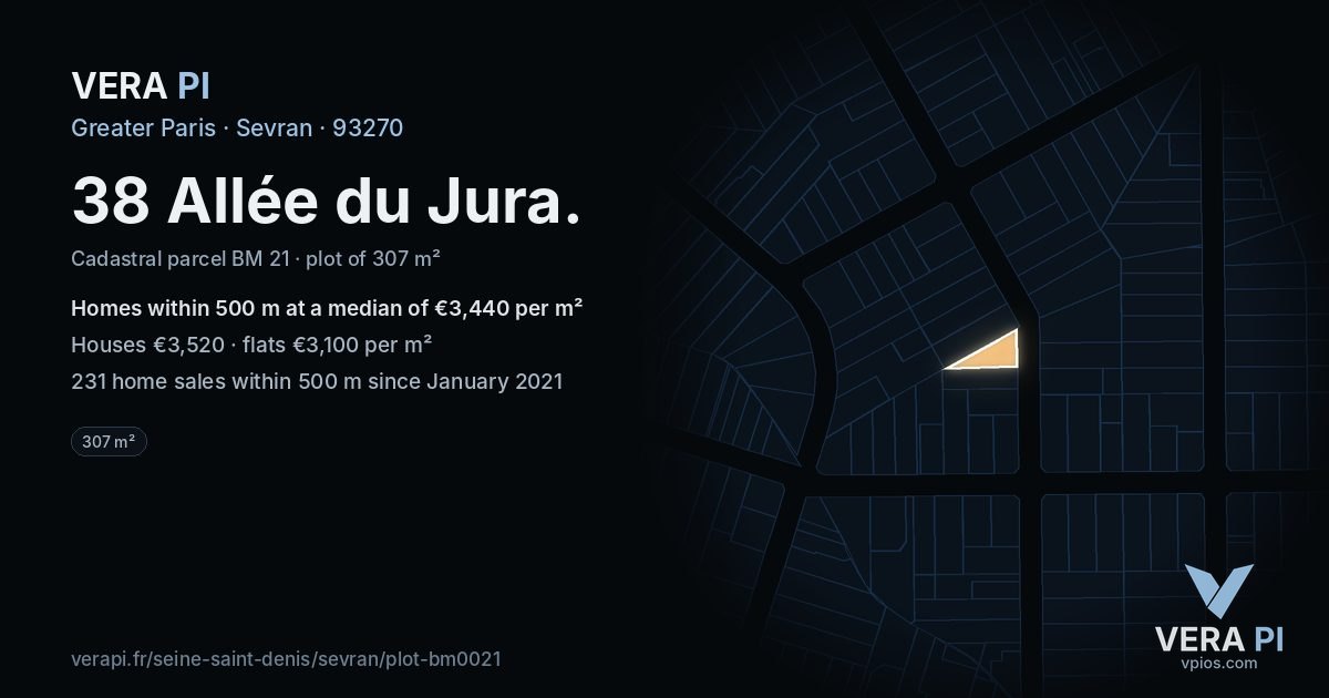 38 Allée du Jura, Sevran at night – the plot lit, the parcels around coloured by the prices near them
