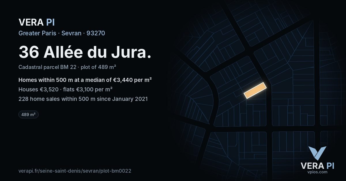 36 Allée du Jura, Sevran at night – the plot lit, the parcels around coloured by the prices near them
