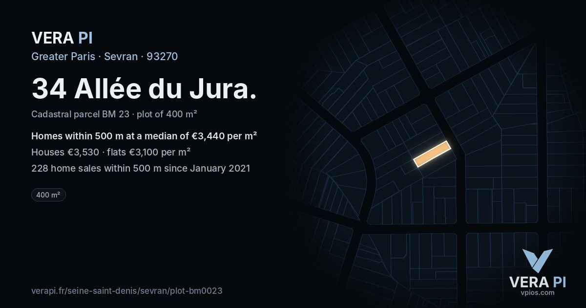 34 Allée du Jura, Sevran at night – the plot lit, the parcels around coloured by the prices near them