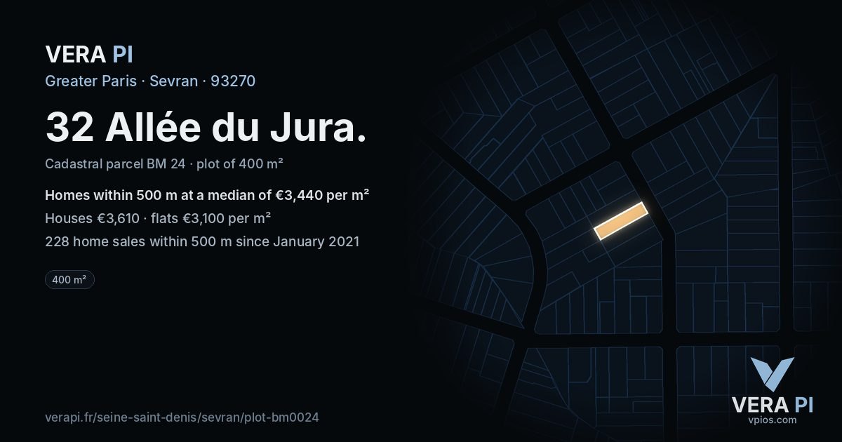 32 Allée du Jura, Sevran at night – the plot lit, the parcels around coloured by the prices near them