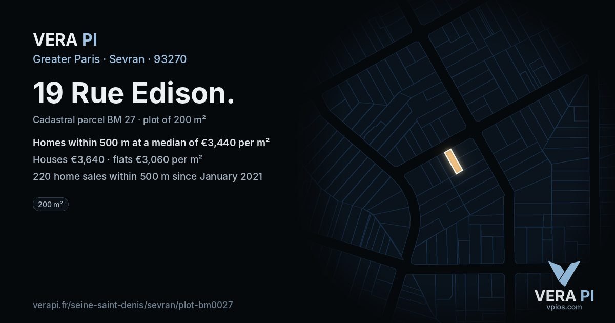 19 Rue Edison, Sevran at night – the plot lit, the parcels around coloured by the prices near them