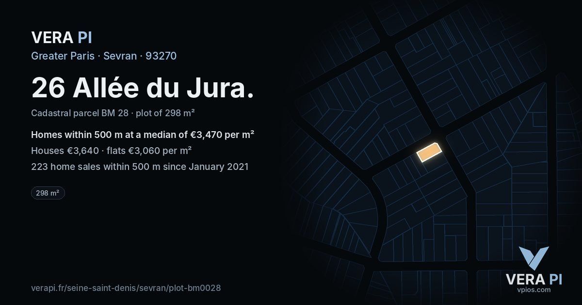 26 Allée du Jura, Sevran at night – the plot lit, the parcels around coloured by the prices near them