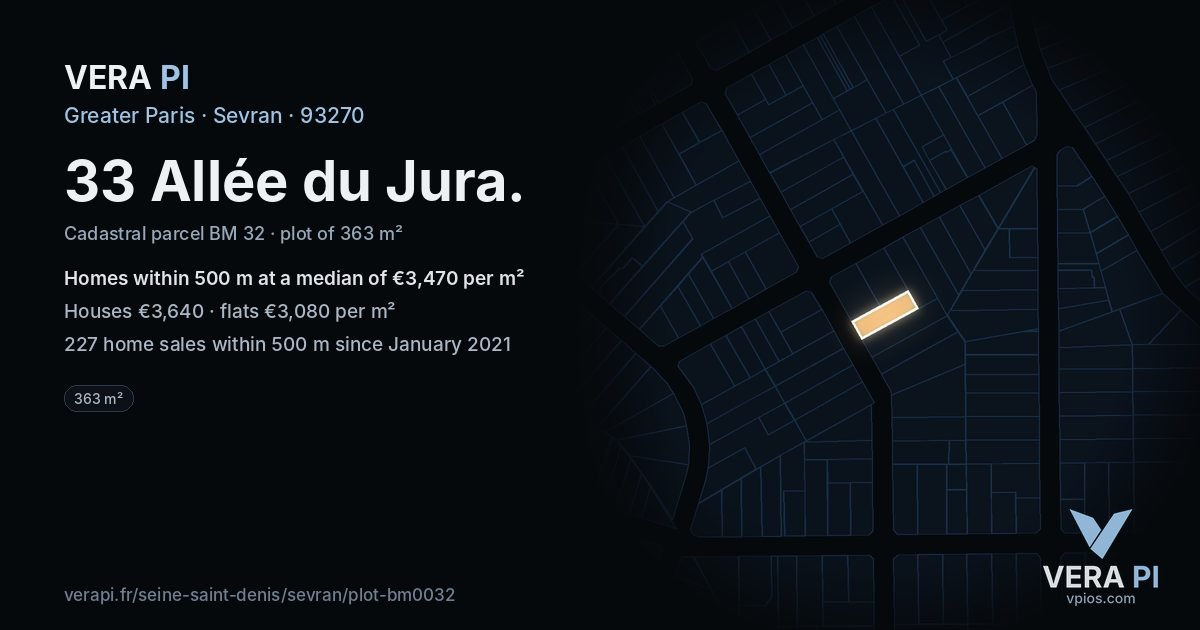 33 Allée du Jura, Sevran at night – the plot lit, the parcels around coloured by the prices near them