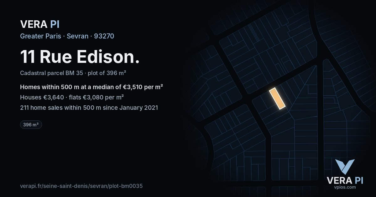 11 Rue Edison, Sevran at night – the plot lit, the parcels around coloured by the prices near them