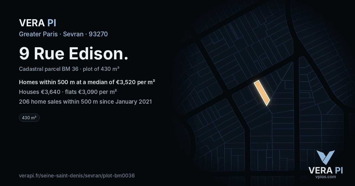 9 Rue Edison, Sevran at night – the plot lit, the parcels around coloured by the prices near them