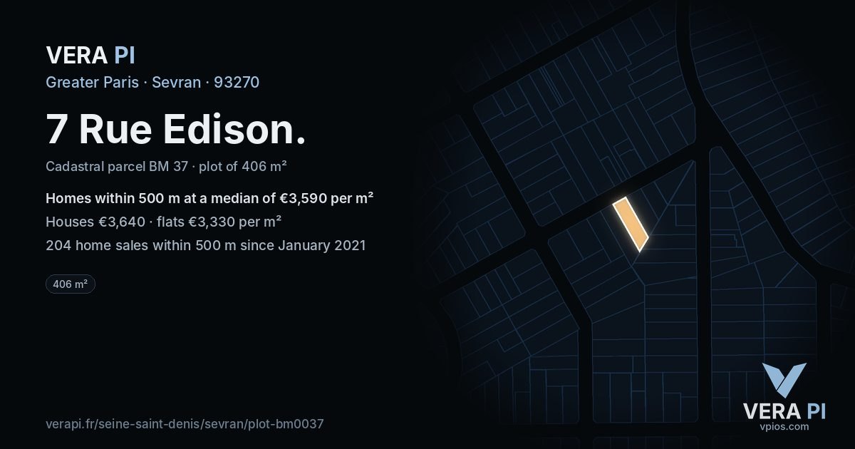7 Rue Edison, Sevran at night – the plot lit, the parcels around coloured by the prices near them