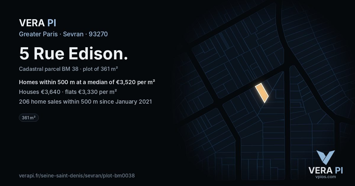 5 Rue Edison, Sevran at night – the plot lit, the parcels around coloured by the prices near them