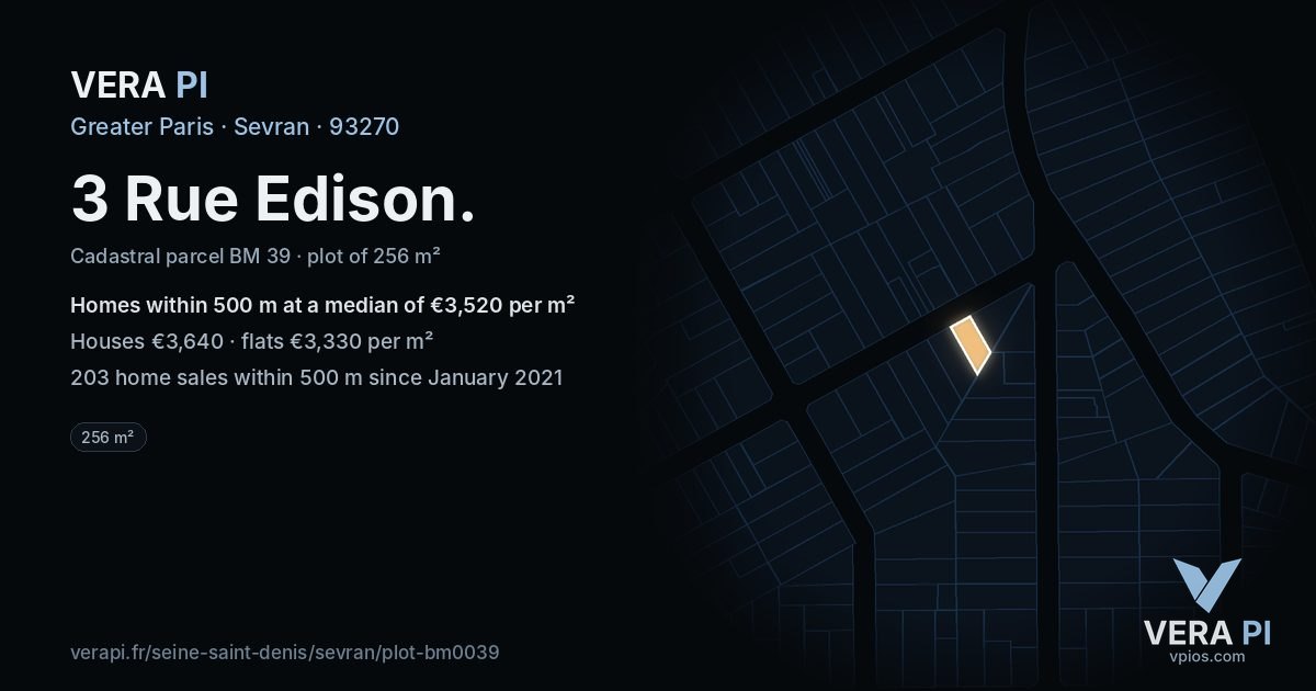 3 Rue Edison, Sevran at night – the plot lit, the parcels around coloured by the prices near them